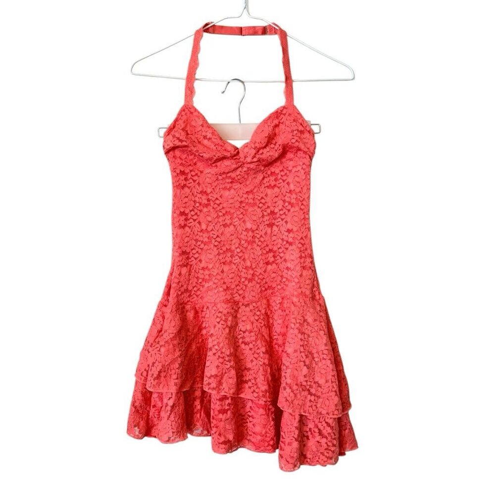 NWT Outcast Floral Lace Halter Naina Tiered Coral Mini Dress XS